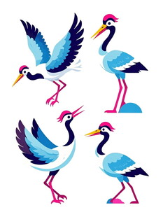 四只多彩仙鹤插画