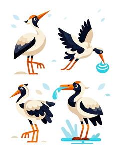 四只白鹳的趣味姿态