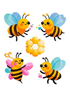 可爱蜜蜂围绕花朵场景