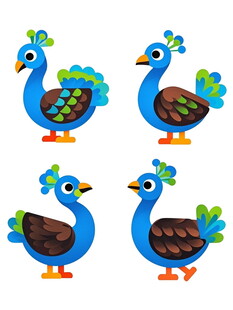 四只卡通风格蓝色孔雀