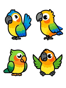 四只可爱多彩鹦鹉插画