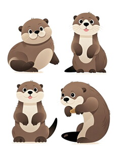 四只可爱水獭插画