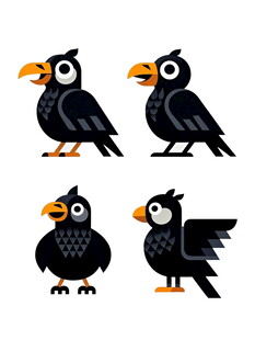 四只卡通风格的黑色鸟儿