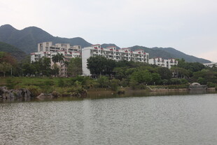 湖畔依山的现代建筑群