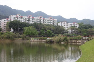 湖畔依山的居民建筑群