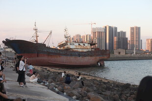 岸边旧船与远处高楼景象