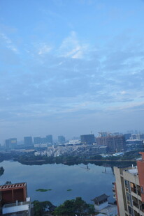 城市湖畔风光远眺