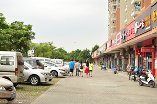 街道商铺前的停车场景