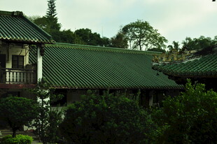 中式绿瓦建筑隐于绿植间