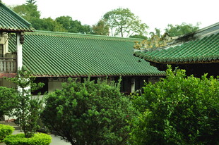 中式绿瓦建筑与绿植景观