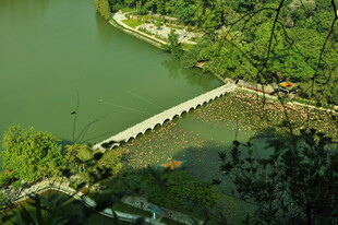 湖上长桥伴葱郁山林