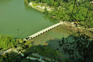 俯瞰湖上长桥与周边绿意