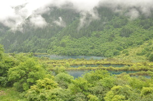 云雾缭绕的山间翠绿湖泊