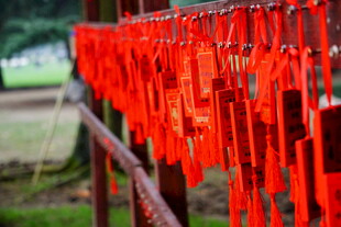 祈福红绸挂架上