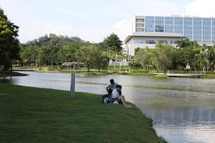 湖畔骑行景 惬意好风光