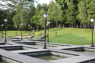 公园中的规整水景与路灯