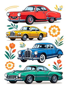 复古汽车与花卉插画