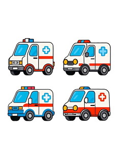 四辆卡通风格急救车