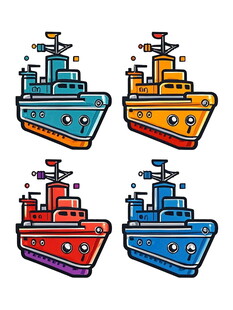 四艘卡通风格船只图案