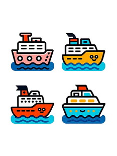 多彩卡通船只图标集合