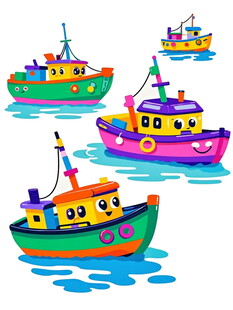 彩色卡通小船在水面航行