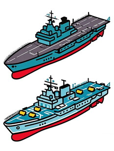 两艘卡通风格军舰插画