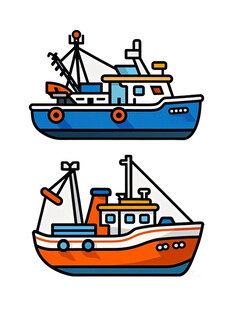 两艘彩色渔船插画