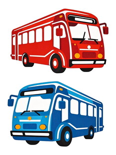 红蓝两辆卡通风格公交车