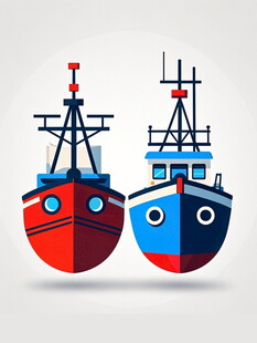 两艘卡通风格的彩色渔船