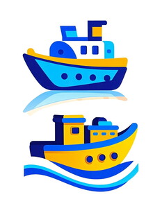 两艘多彩船只在波浪上