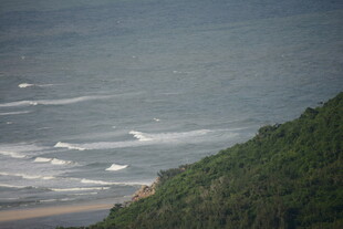 海岸边的葱郁山林与海浪