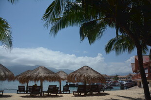 海滨沙滩上的茅草遮阳伞