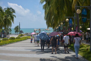 海滨步道上的撑伞行人