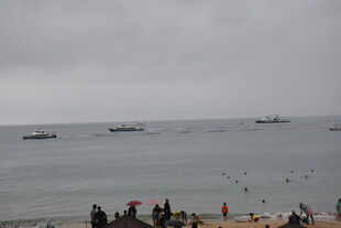 海边人群与海上船只景象