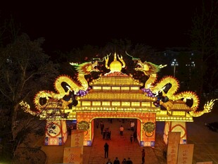 龙形彩灯装饰的华丽门楼