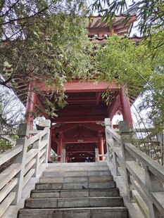 古寺红亭下的石阶景致