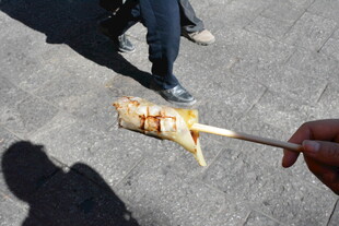 手持美味烤肉串特写