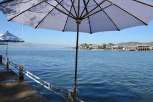 海边码头撑伞观景美景