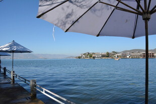 海边码头的遮阳伞风景