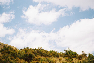 蓝天白云下的葱郁山坡