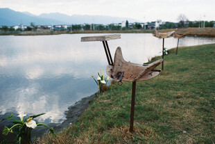 湖畔铁艺鹤雕塑  自然景致