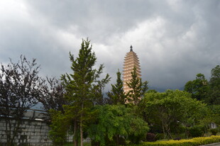 阴云下的古塔与葱郁树木