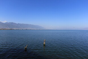 广阔湖面与远处山峦景色