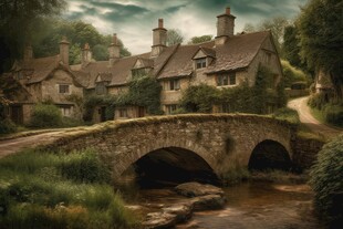 乡村石桥旁的古朴村落