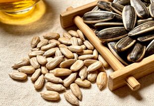 木制托盘上的美味葵花籽