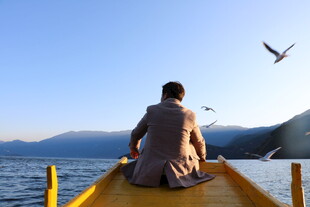 独坐扁舟赏湖景飞鸟