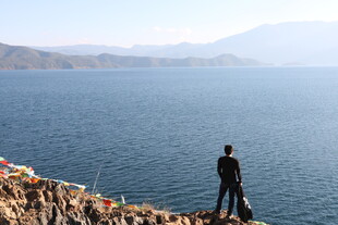 男子立于湖畔眺望远方