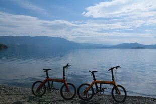 湖畔双车伴湖光山色