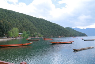 青山绿水间的停泊船只