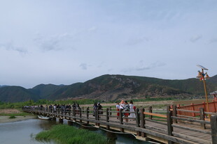 河畔木桥游人漫步赏景